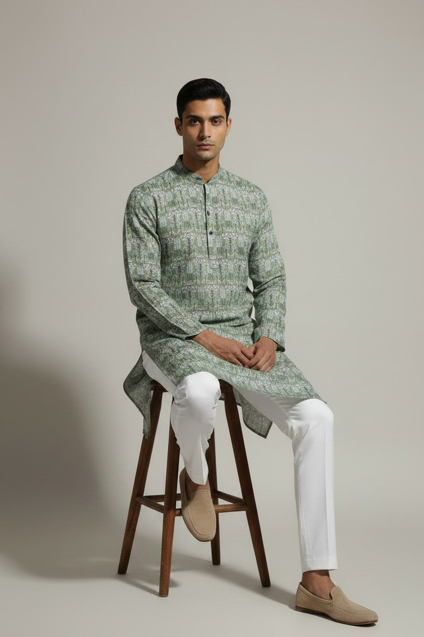 Veshbhoshaa Men's Green Printed Sequence Kurta Pajama Set