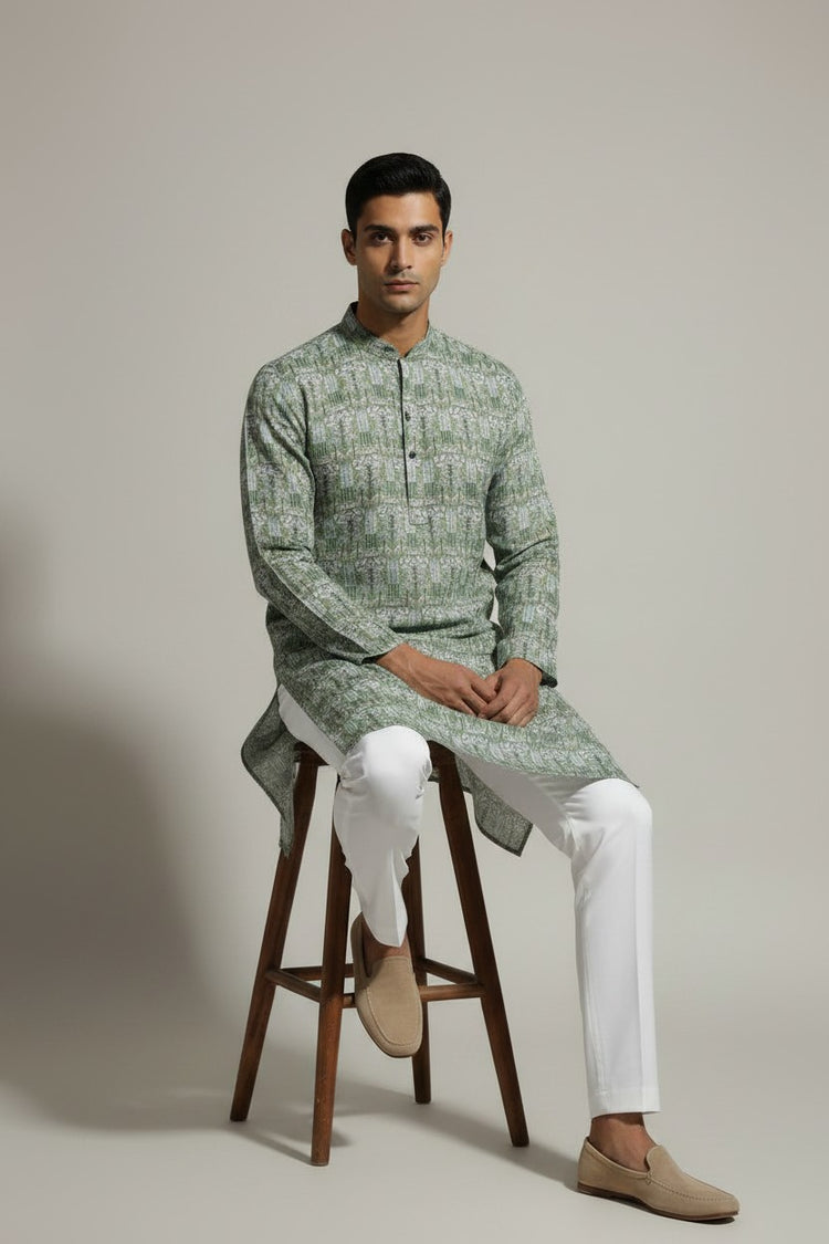 Veshbhoshaa Men's Green Printed Sequence Kurta Pajama Set