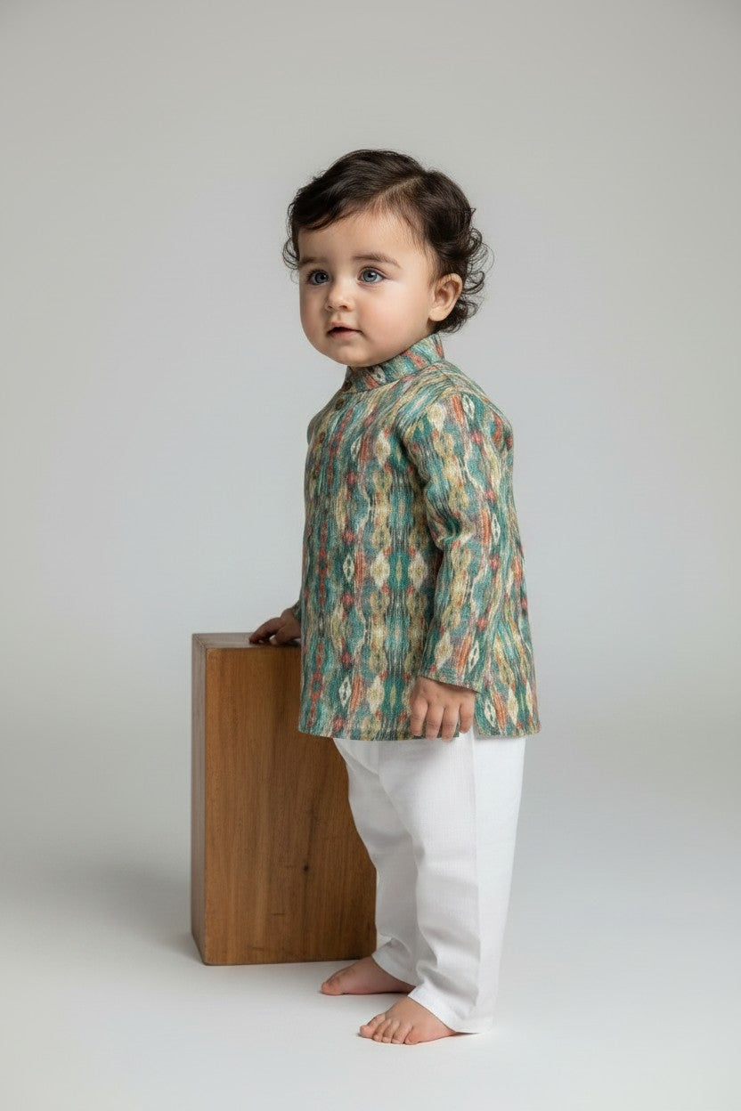 Veshbhoshaa Kid's Green Multicolour sequence Pajama Set