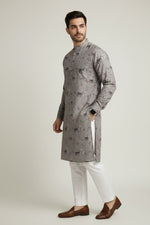Veshbhoshaa Men's Grey Elephant Motif Sequence Kurta Pajama Set