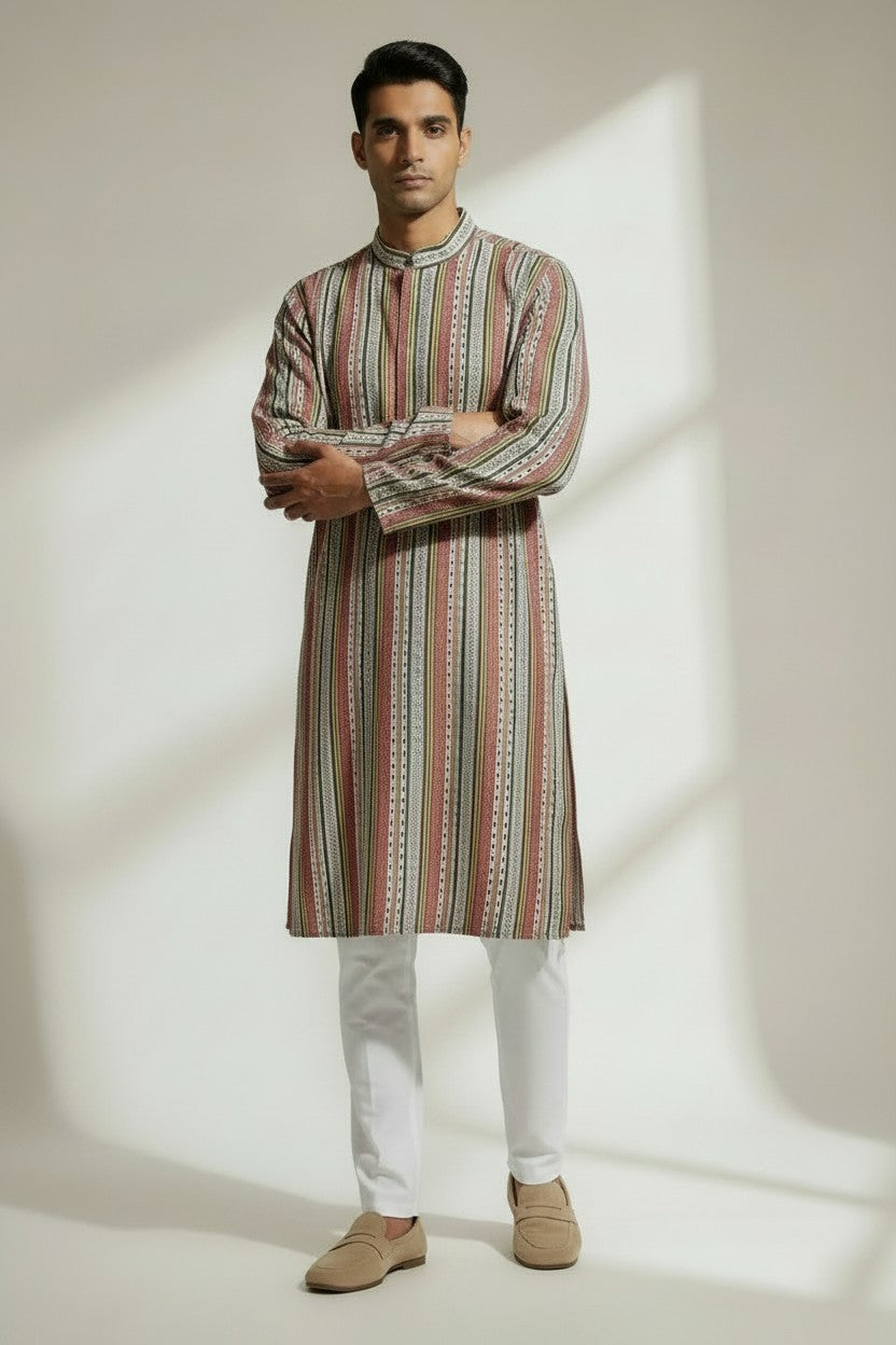 Veshbhoshaa Men's Red Stripes Sequence Kurta Pajama Set