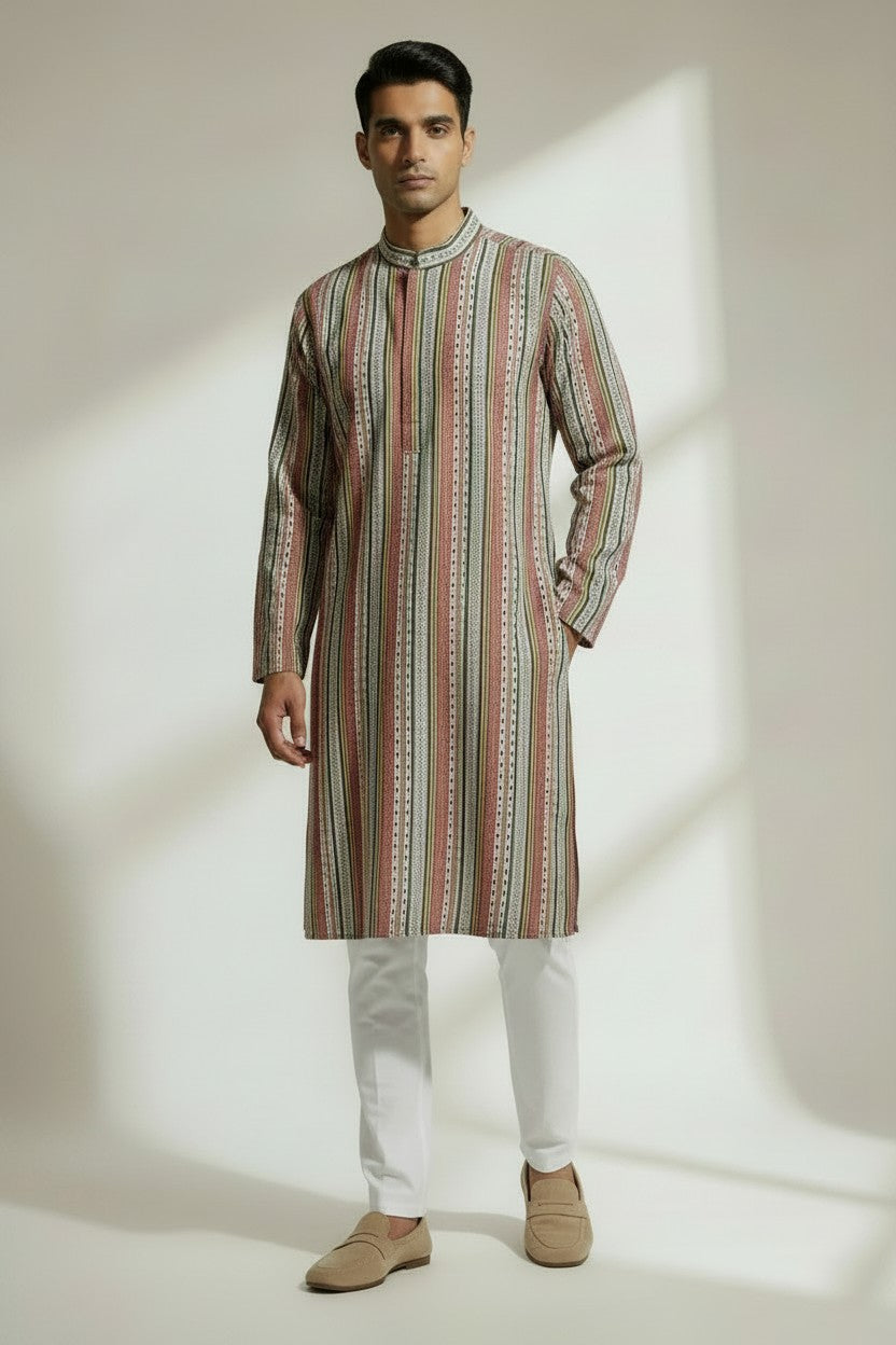 Veshbhoshaa Men's Red Stripes Sequence Kurta Pajama Set
