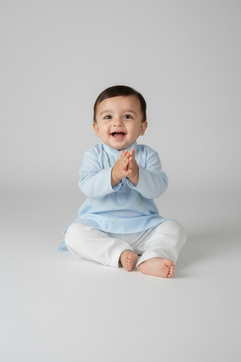 Veshbhoshaa Kid's Sky Blue Geometric Sequence Kurta Pajama Set