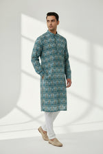 Veshbhoshaa Men's Blue Printed Sequence Kurta Pajama Set