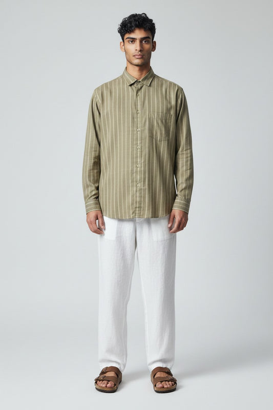 Bluebird Men's Olive Green Stripes Cotton Blend Shirt