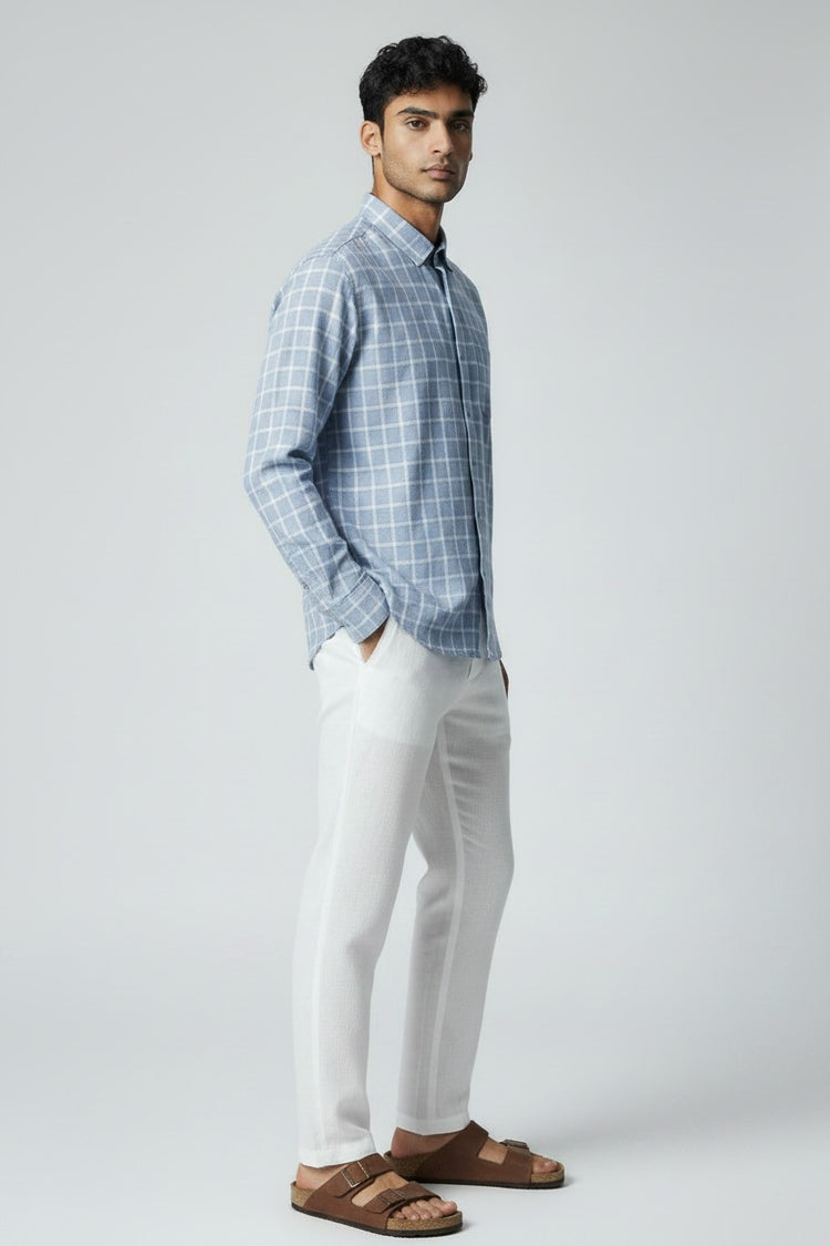 Bluebird Men's Light Blue Checks Cotton Blend Shirt