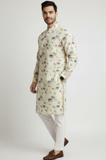 Veshbhoshaa Men's Yellow Elephant Motif Sequence Kurta Pajama Set