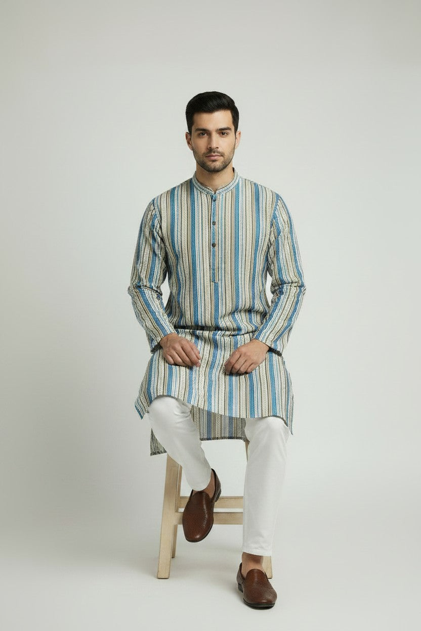 Veshbhoshaa Men's Blue Stripes Sequence Kurta Pajama Set