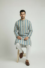 Veshbhoshaa Men's Blue Stripes Sequence Kurta Pajama Set
