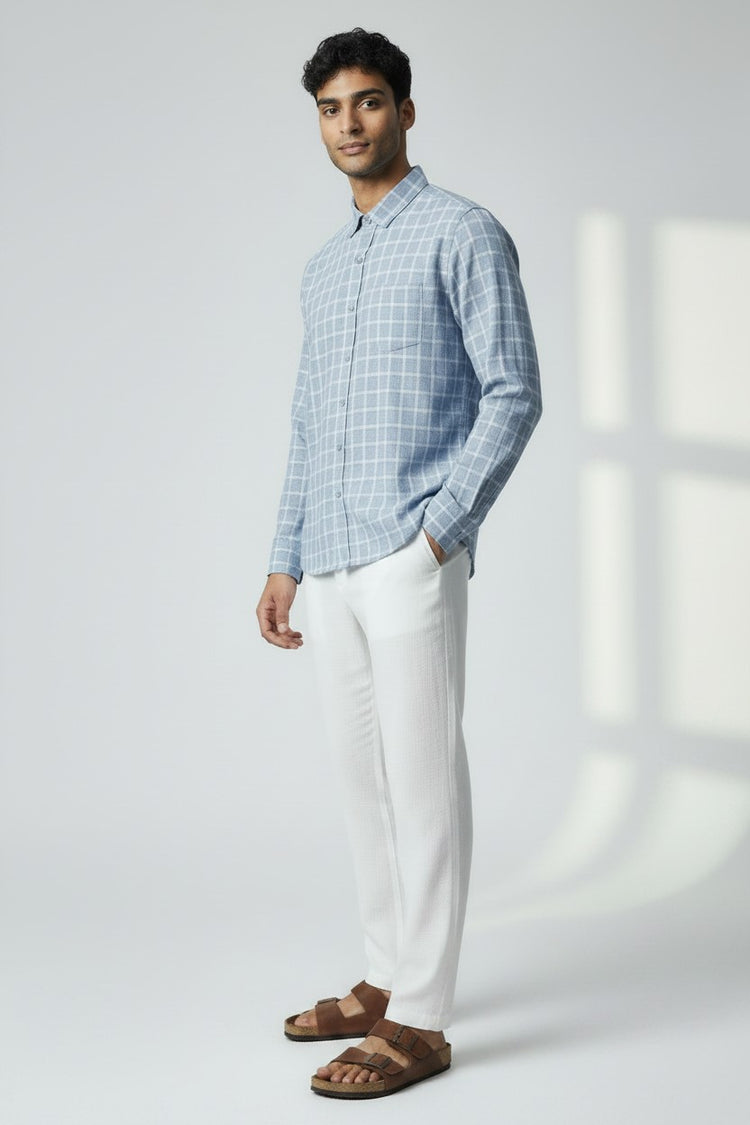 Bluebird Men's Light Blue Checks Cotton Blend Shirt