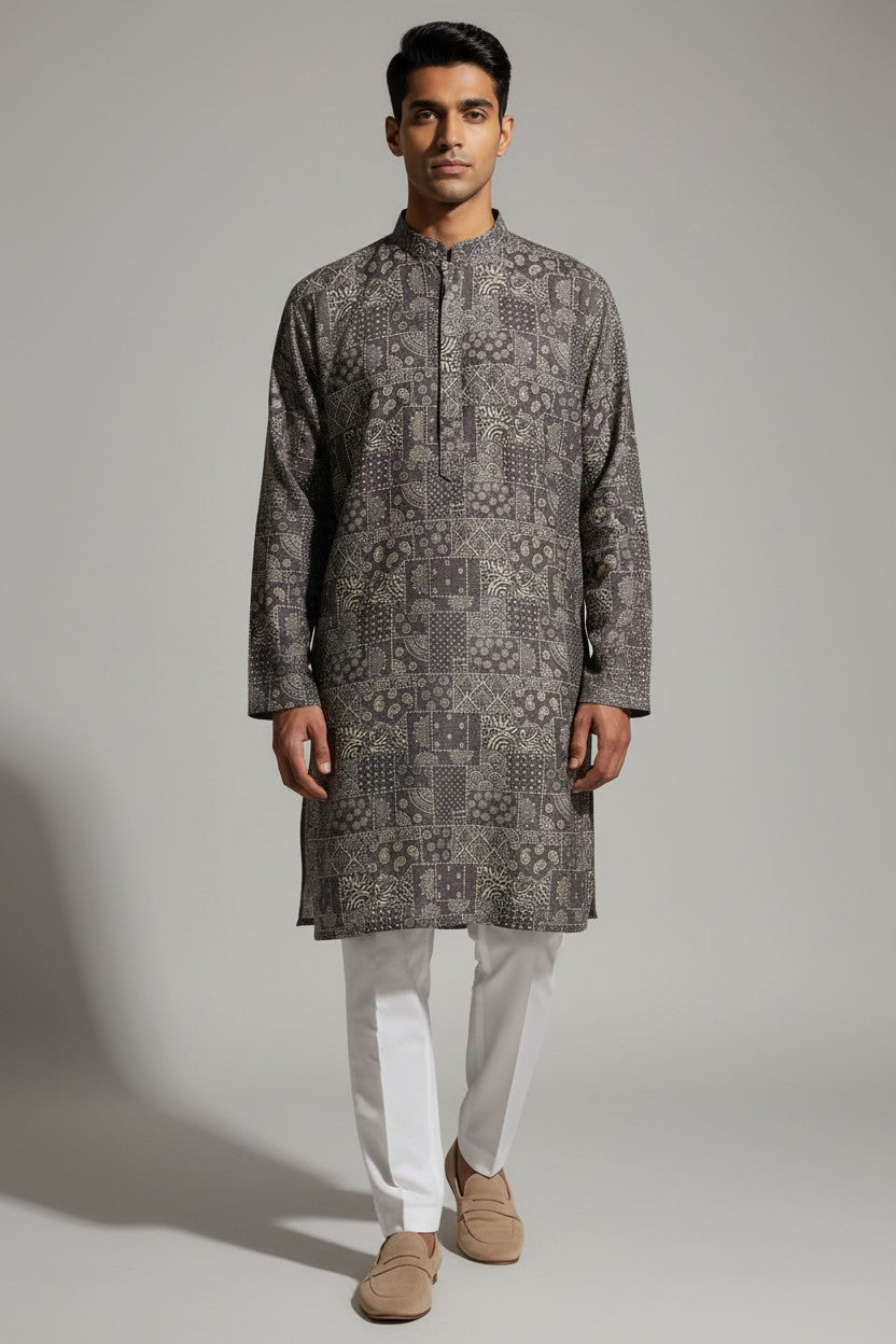 Veshbhoshaa Men's Grey Geometric Sequence Kurta Pajama Set