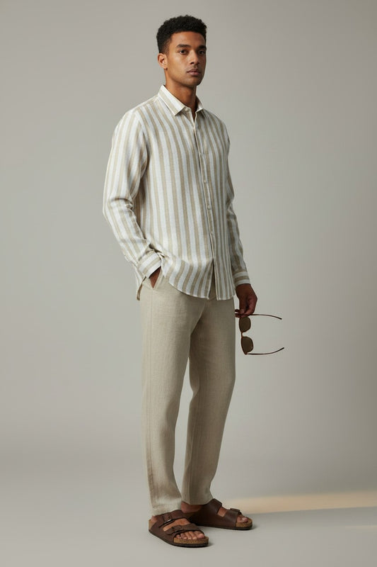 Bluebird Men's White & Beige Stripes Cotton Blend Shirt