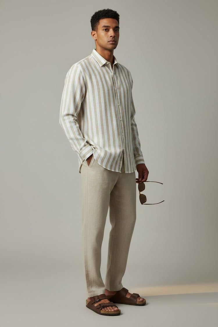 Bluebird Men's White & Beige Stripes Cotton Blend Shirt