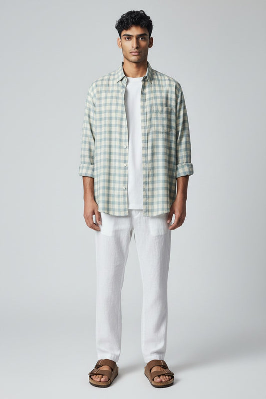 Bluebird Men's Sky Blue Checks Cotton Blend Shirt