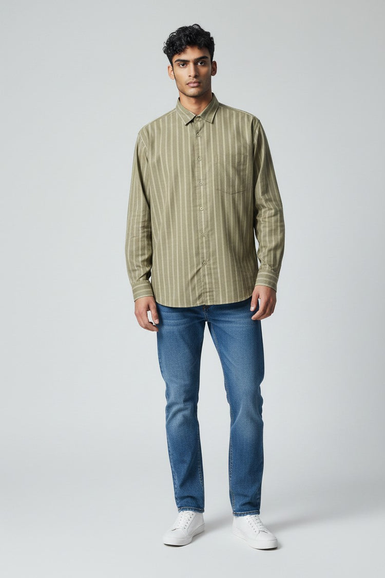 Bluebird Men's Olive Green Stripes Cotton Blend Shirt