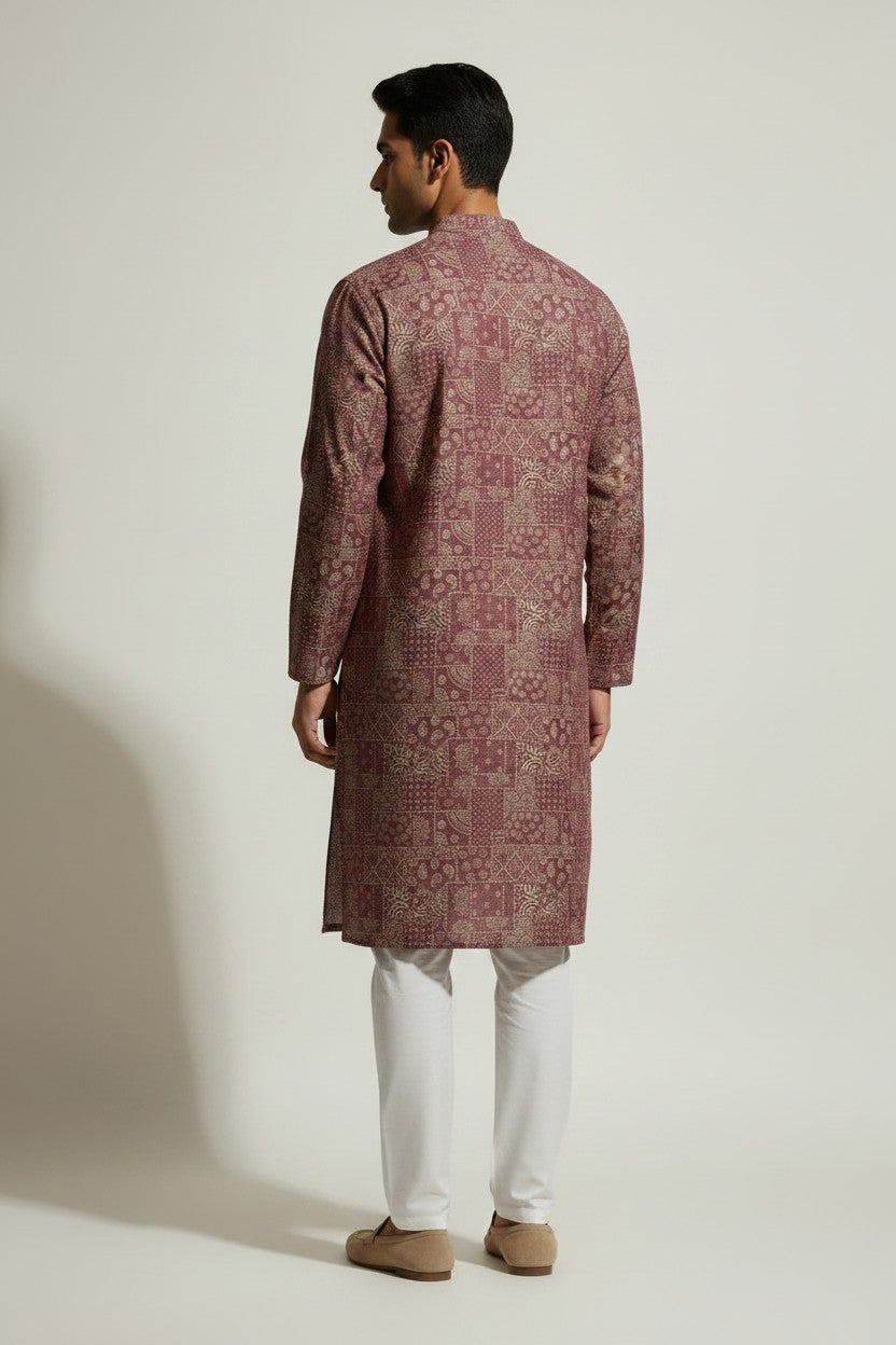 Veshbhoshaa Men's Red Geometric Sequence Kurta Pajama Set