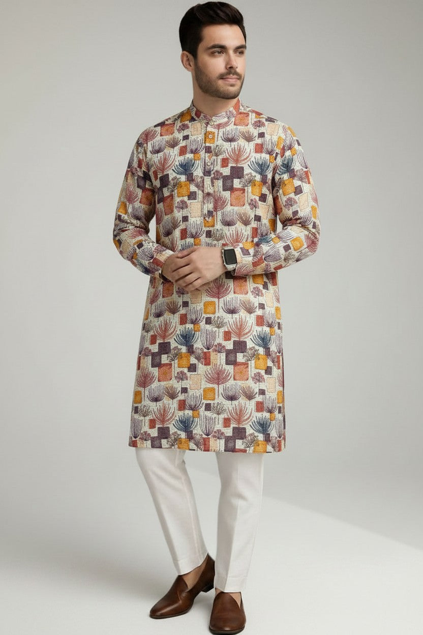Veshbhoshaa Men's White Multicolour Printed Sequence Kurta Pajama Set