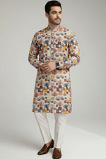 Veshbhoshaa Men's White Multicolour Printed Sequence Kurta Pajama Set