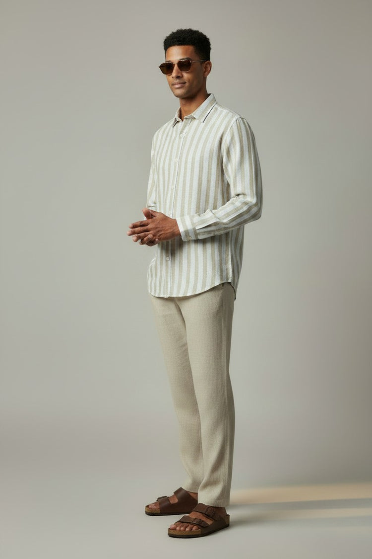 Bluebird Men's White & Beige Stripes Cotton Blend Shirt
