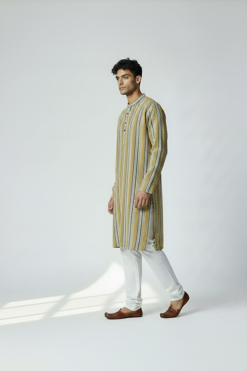 Veshbhoshaa Men's Yellow Stripes Sequence Kurta Pajama Set