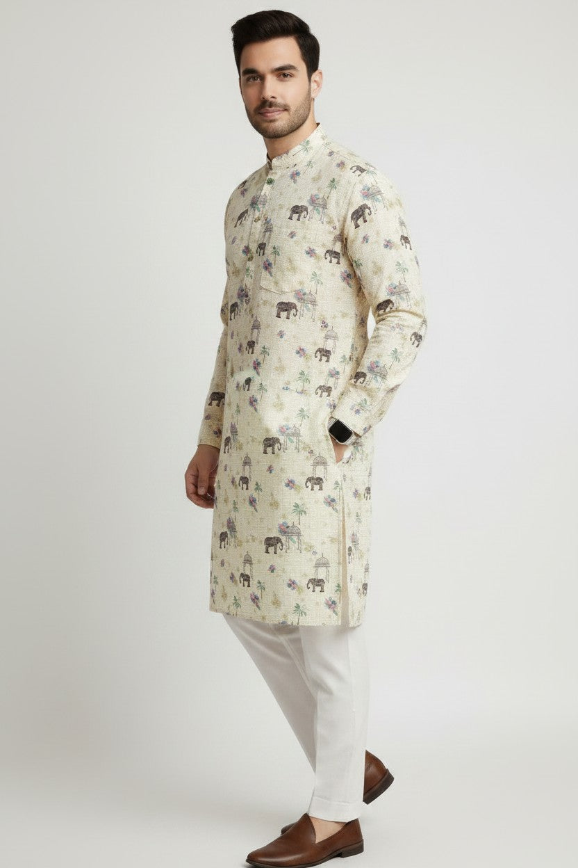 Veshbhoshaa Men's Yellow Elephant Motif Sequence Kurta Pajama Set