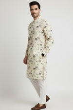 Veshbhoshaa Men's Yellow Elephant Motif Sequence Kurta Pajama Set