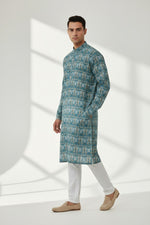 Veshbhoshaa Men's Blue Printed Sequence Kurta Pajama Set