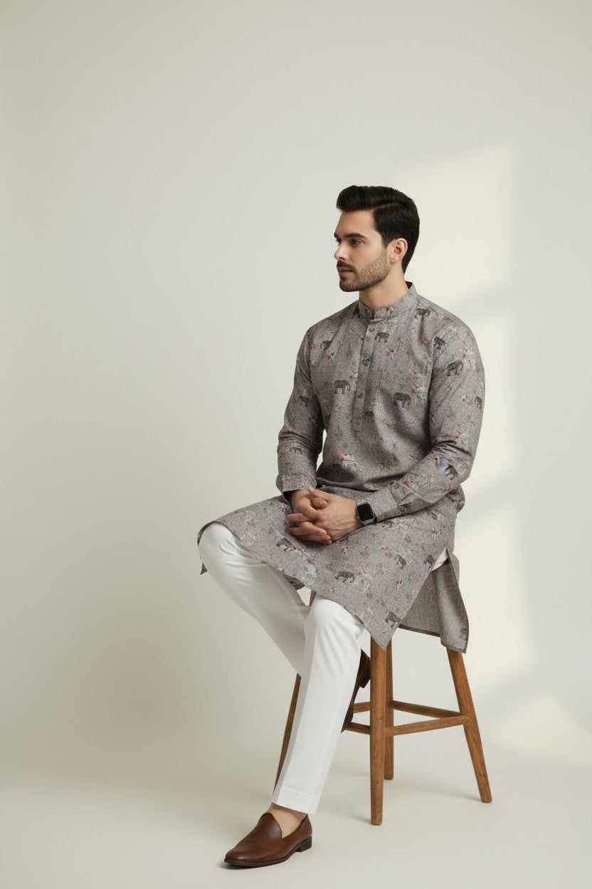 Veshbhoshaa Men's Grey Elephant Motif Sequence Kurta Pajama Set