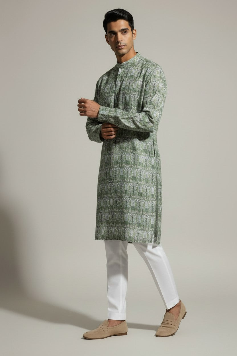 Veshbhoshaa Men's Green Printed Sequence Kurta Pajama Set