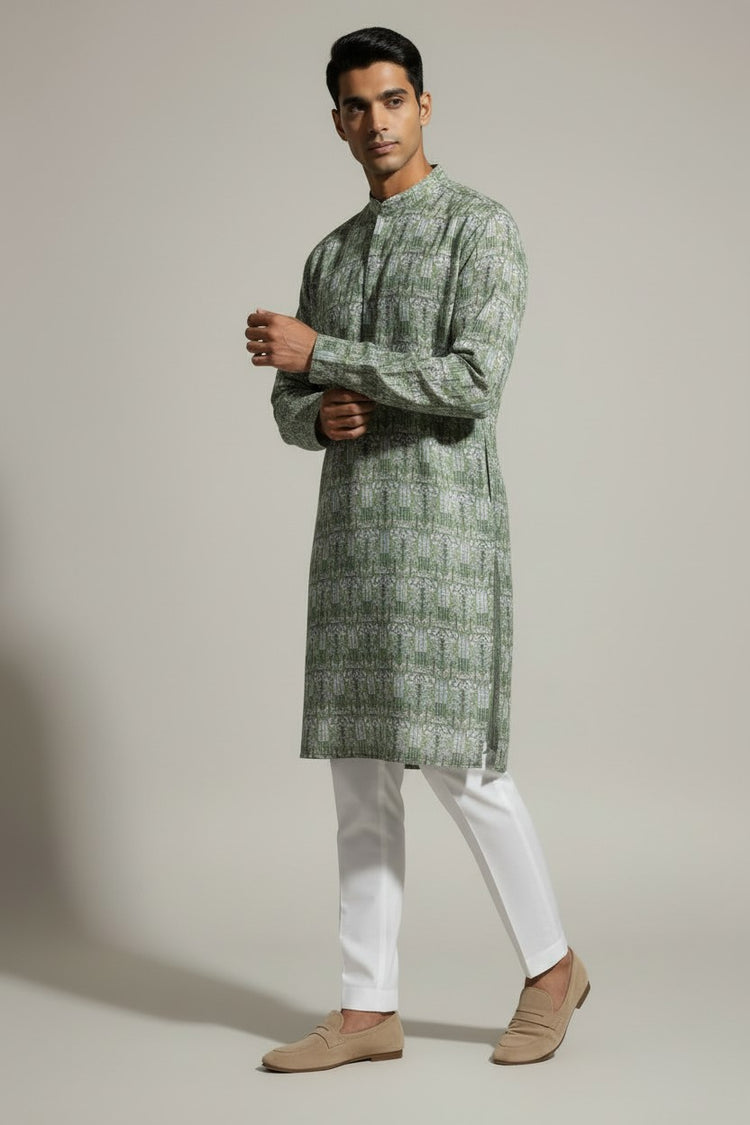 Veshbhoshaa Men's Green Printed Sequence Kurta Pajama Set