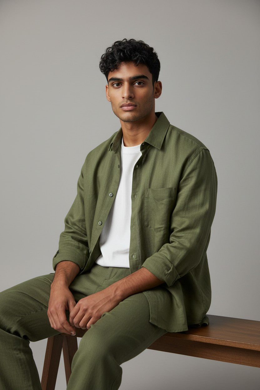Bluebird Men's Green Linen Tencil Shirt