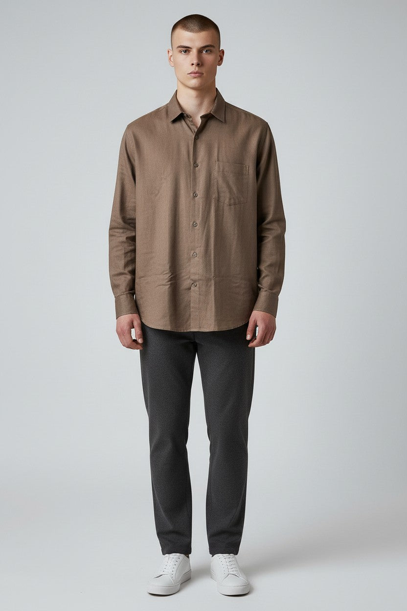 Bluebird Men's Brown Linen Tencil Shirt