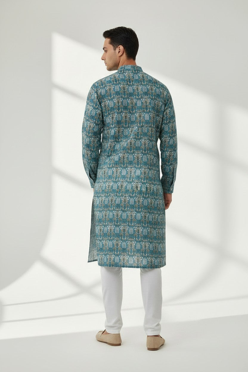 Veshbhoshaa Men's Blue Printed Sequence Kurta Pajama Set