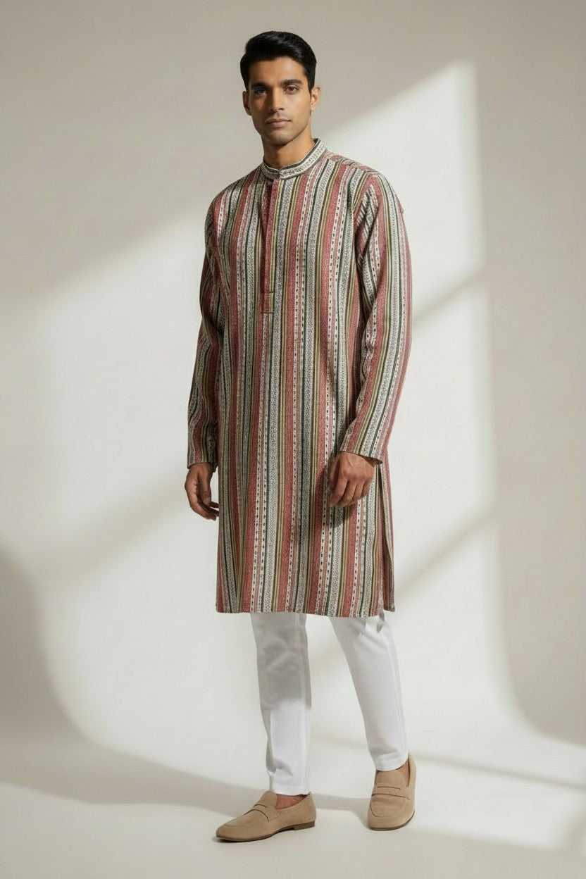 Veshbhoshaa Men's Red Stripes Sequence Kurta Pajama Set