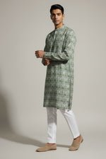 Veshbhoshaa Men's Green Printed Sequence Kurta Pajama Set