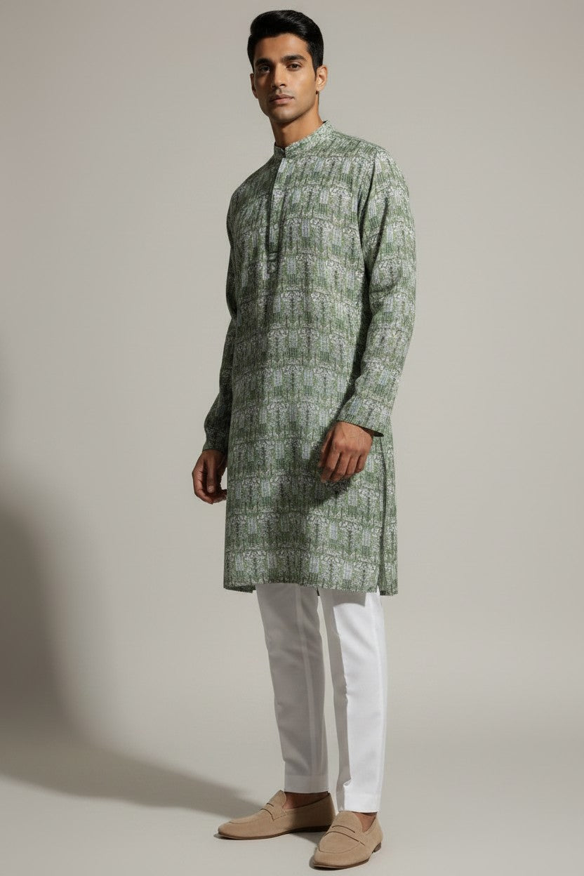 Veshbhoshaa Men's Green Printed Sequence Kurta Pajama Set