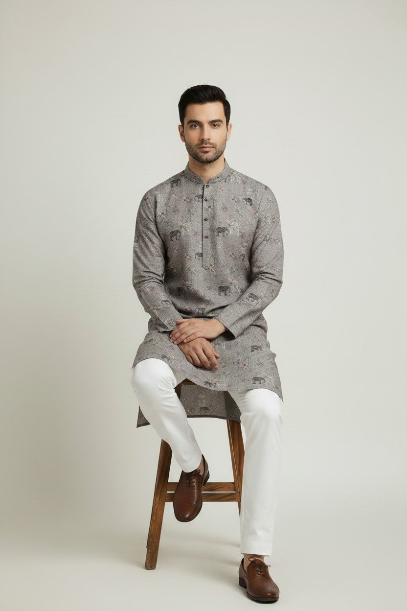 Veshbhoshaa Men's Grey Elephant Motif Sequence Kurta Pajama Set