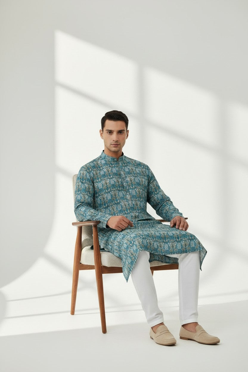 Veshbhoshaa Men's Blue Printed Sequence Kurta Pajama Set