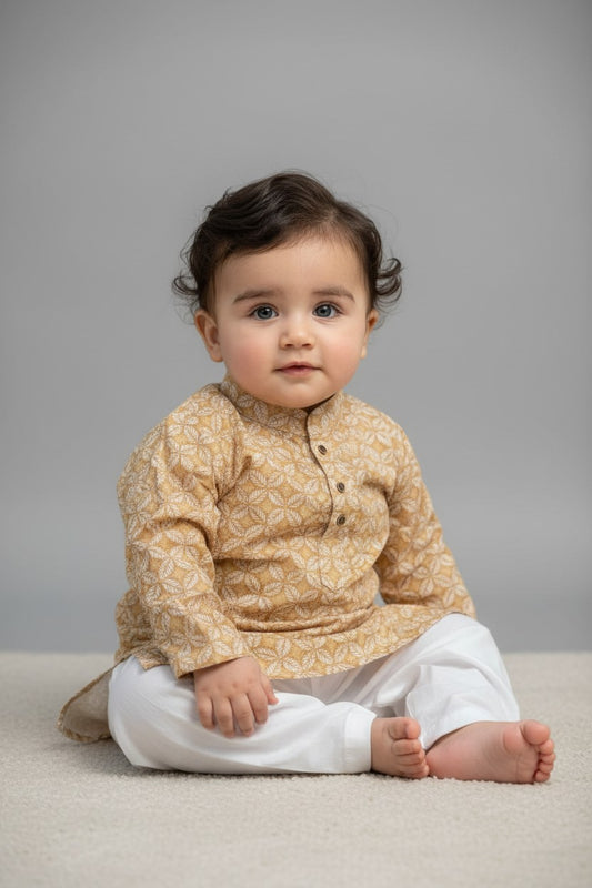 Veshbhoshaa Kid's Mustard Leaf Print sequence Pajama Set