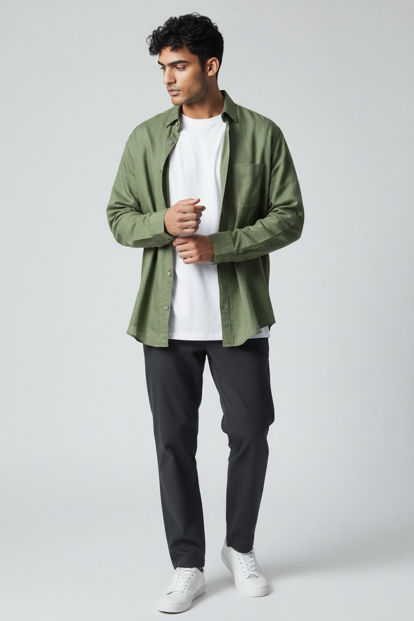 Bluebird Men's Green Linen Tencil Shirt