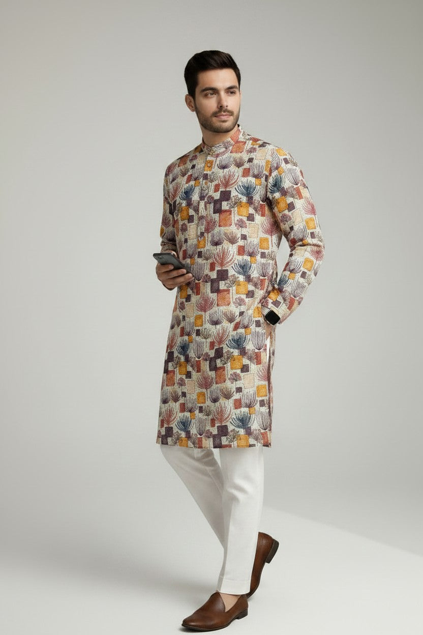 Veshbhoshaa Men's White Multicolour Printed Sequence Kurta Pajama Set