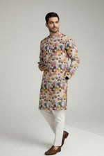 Veshbhoshaa Men's White Multicolour Printed Sequence Kurta Pajama Set