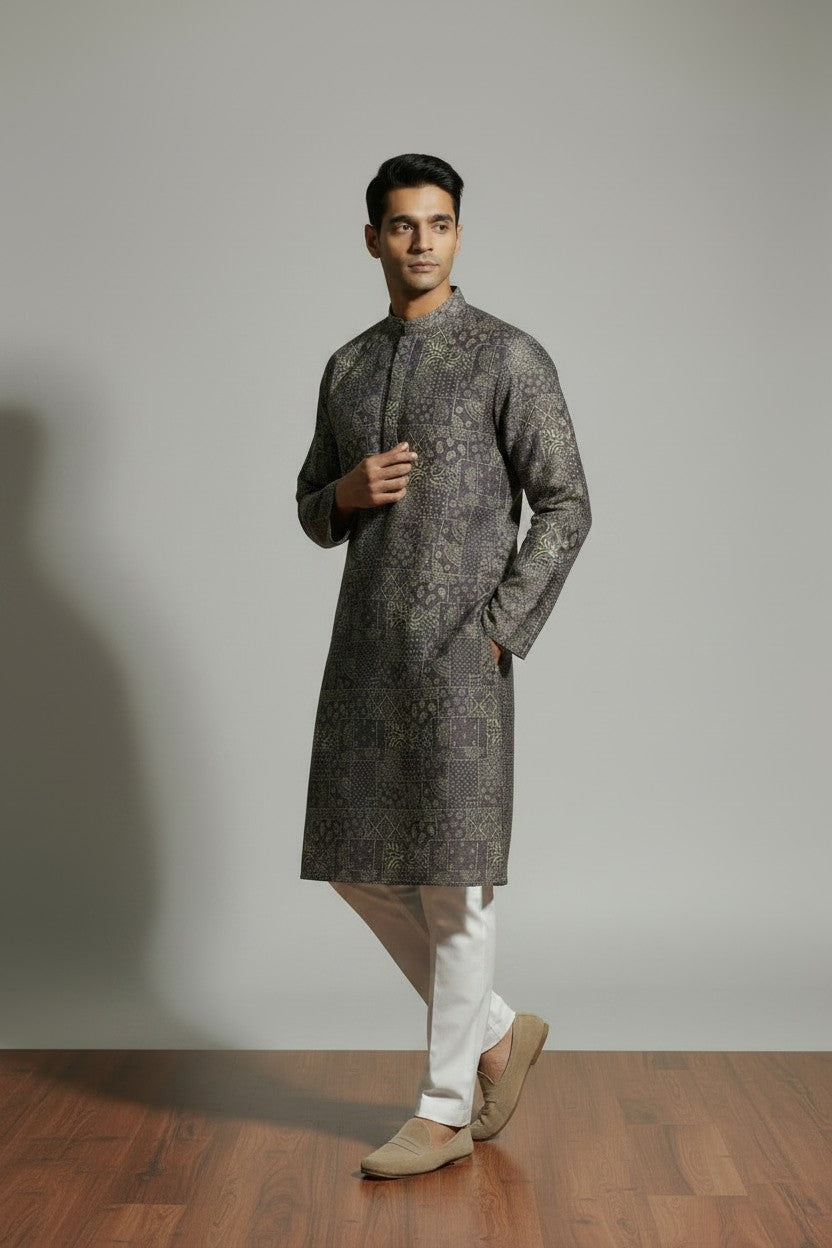 Veshbhoshaa Men's Grey Geometric Sequence Kurta Pajama Set
