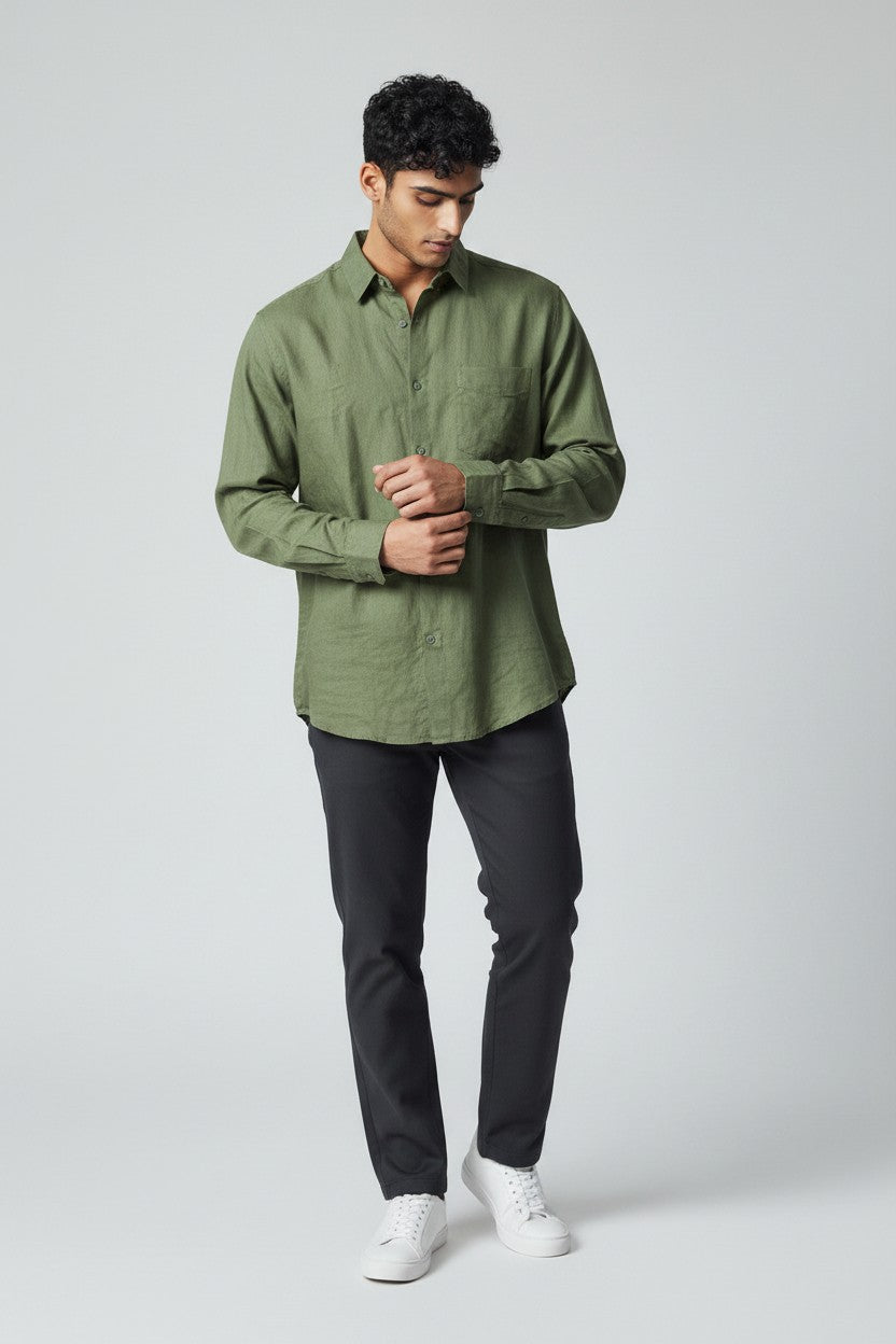 Bluebird Men's Green Linen Tencil Shirt