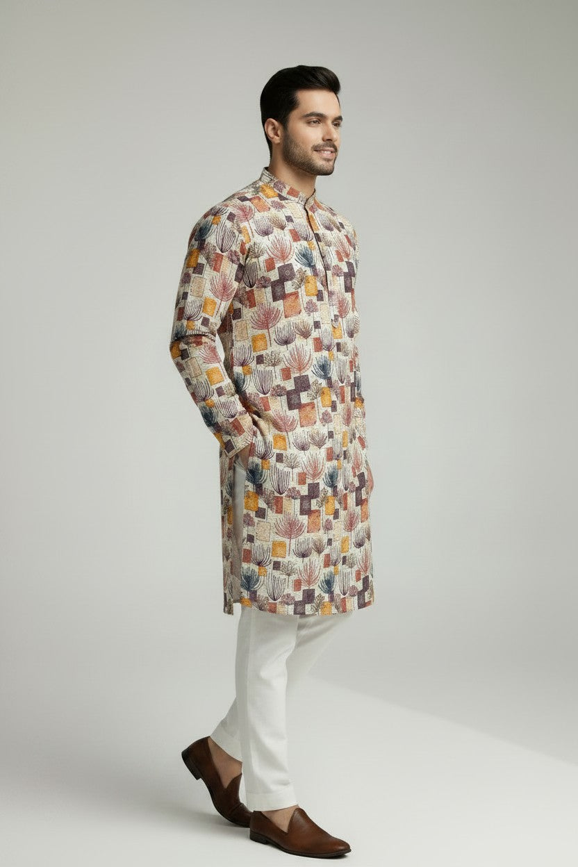 Veshbhoshaa Men's White Multicolour Printed Sequence Kurta Pajama Set