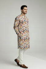 Veshbhoshaa Men's White Multicolour Printed Sequence Kurta Pajama Set
