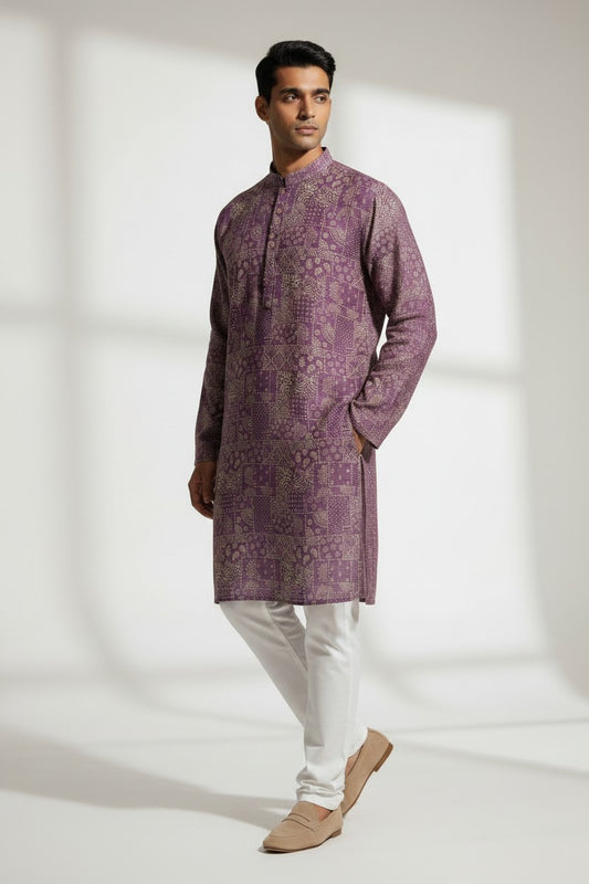 Veshbhoshaa Men's Lavender Geometric Sequence Kurta Pajama Set