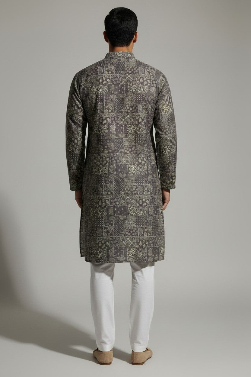 Veshbhoshaa Men's Grey Geometric Sequence Kurta Pajama Set