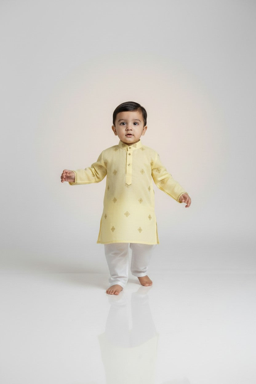 Veshbhoshaa Kid's Yellow Geometric Sequence Kurta Pajama Set