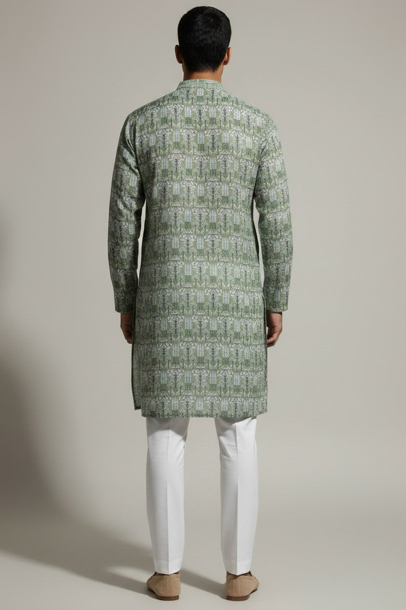 Veshbhoshaa Men's Green Printed Sequence Kurta Pajama Set